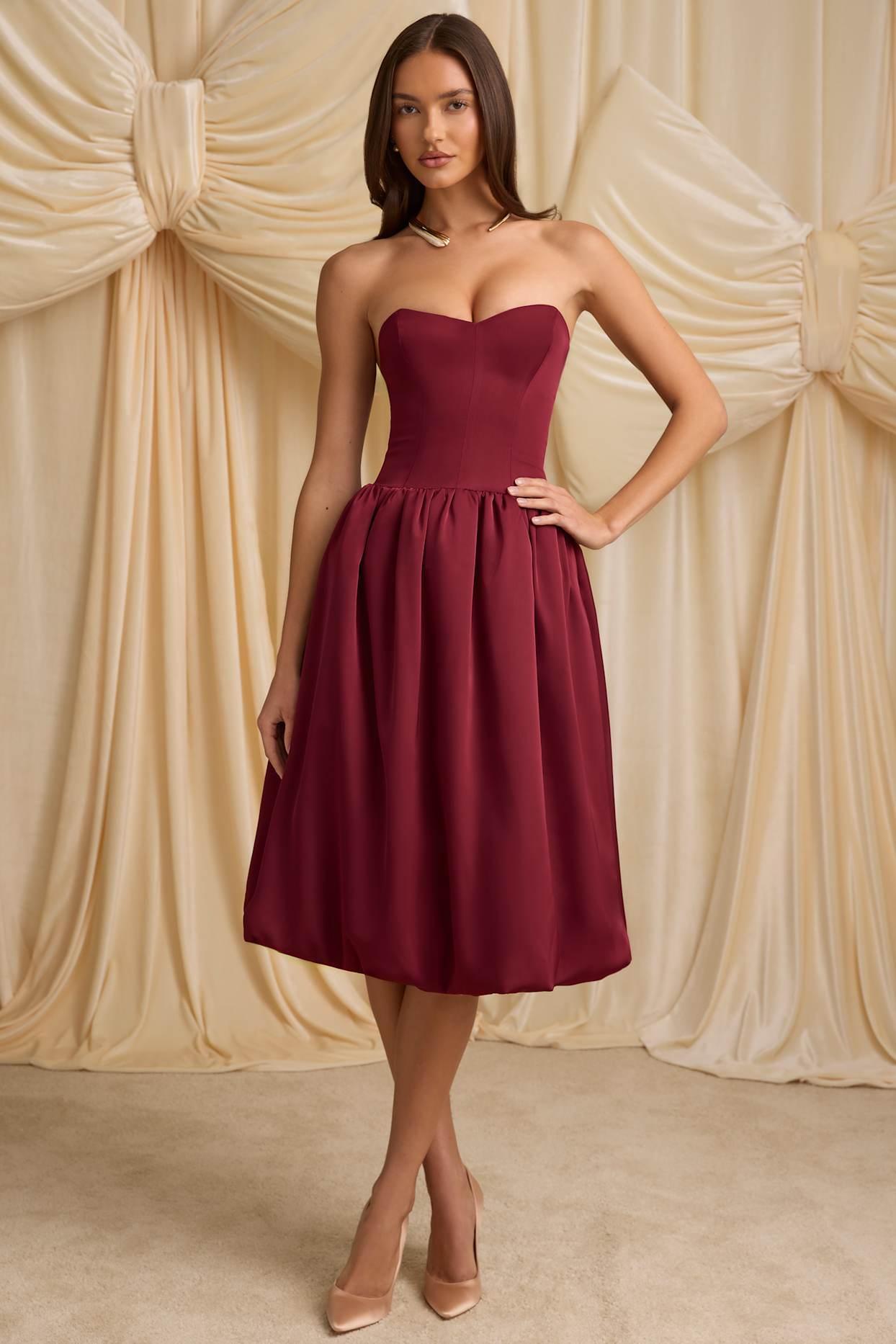 Convertible Bow-Detail Bubble Hem Midaxi Dress in Wine Red Product Image