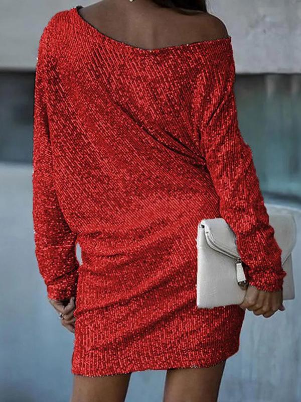 A-Line Loose Asymmetric Sequined Solid Color One-Shoulder Mini Dresses Product Image