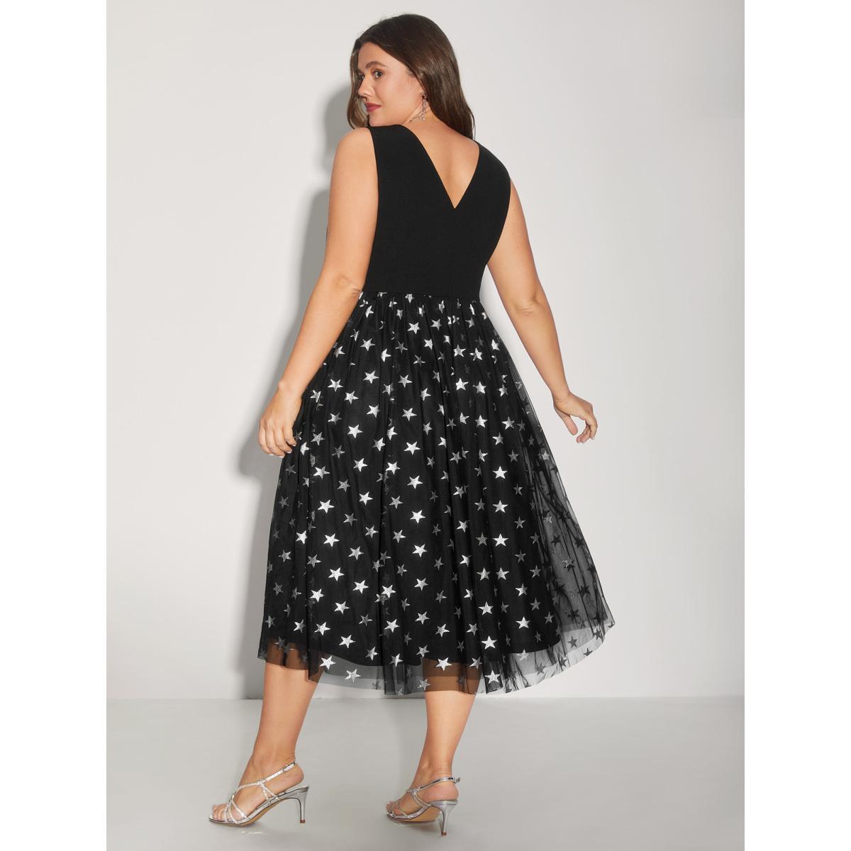 Plus Size Sequins Star Print V-Neck Midi Dress Black Women Non Sleeveless Curvy BloomChic 12/L Product Image