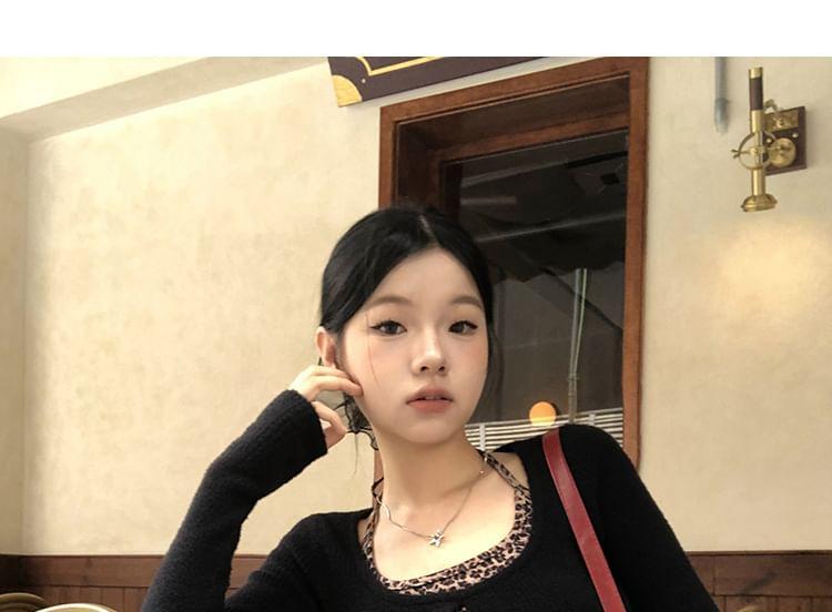 Long Sleeve Scoop Neck Plain Cutout Ribbed Knit Top / Halter Leopard Print Top Product Image