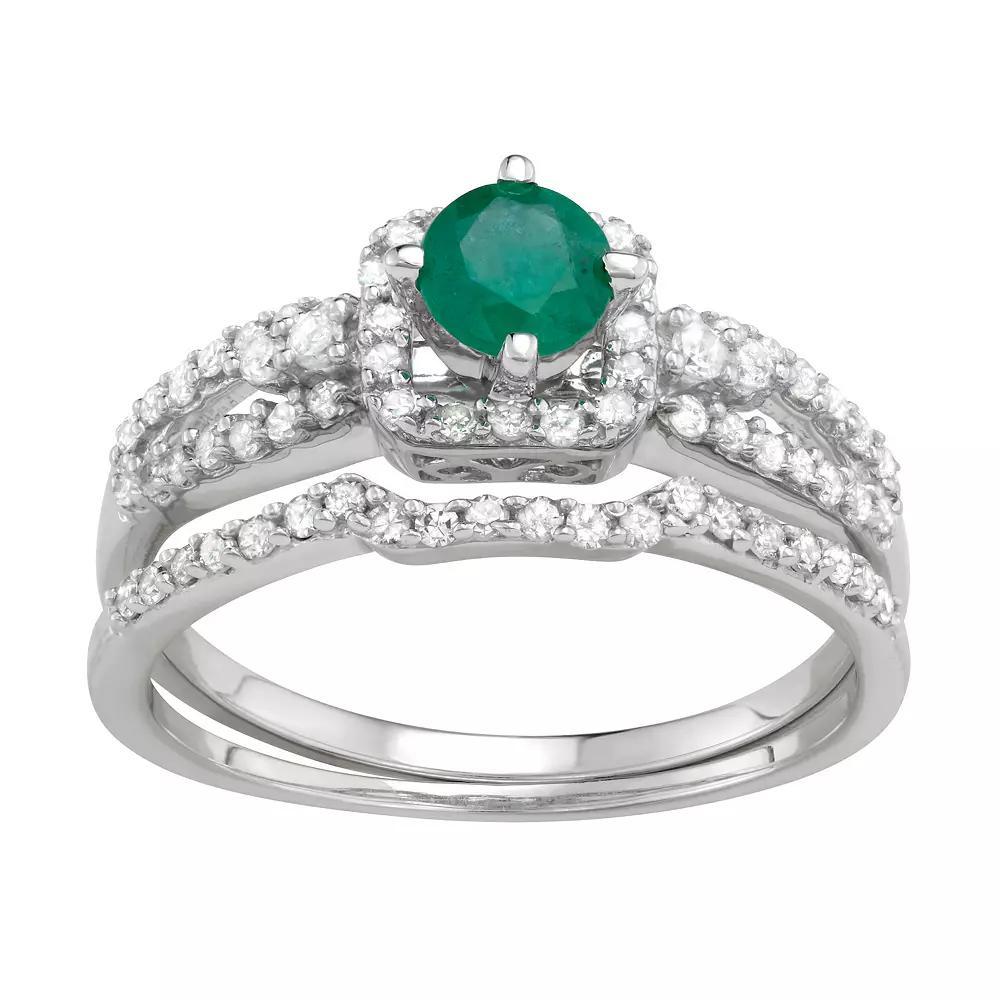10k White Gold Emerald & 1 Carat T.W. Diamond Engagement Ring Set, Women's, Size: 8, 10k Whgold Product Image