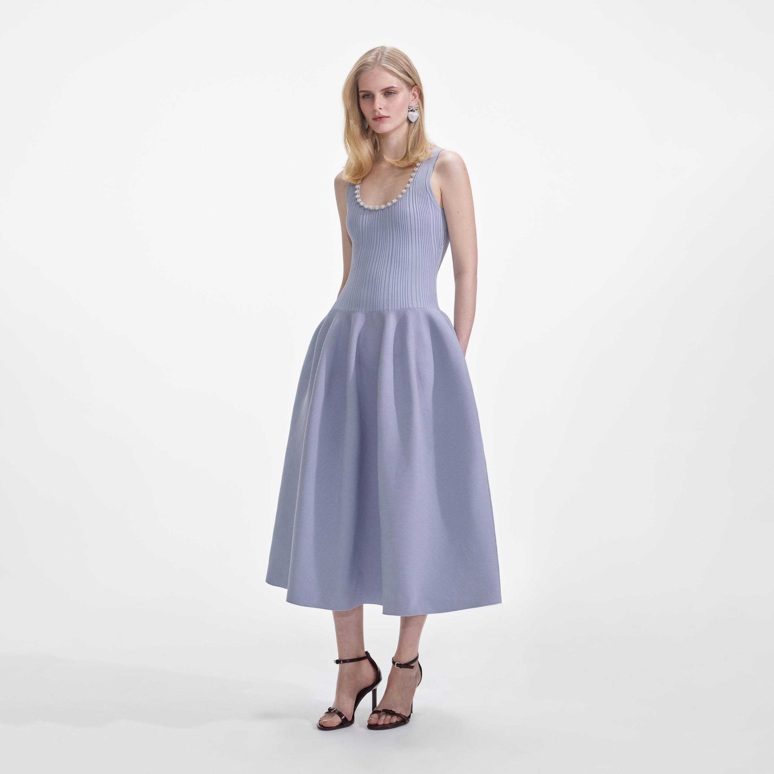 Blue Ribbed Knit Diamante Midi Dress Product Image