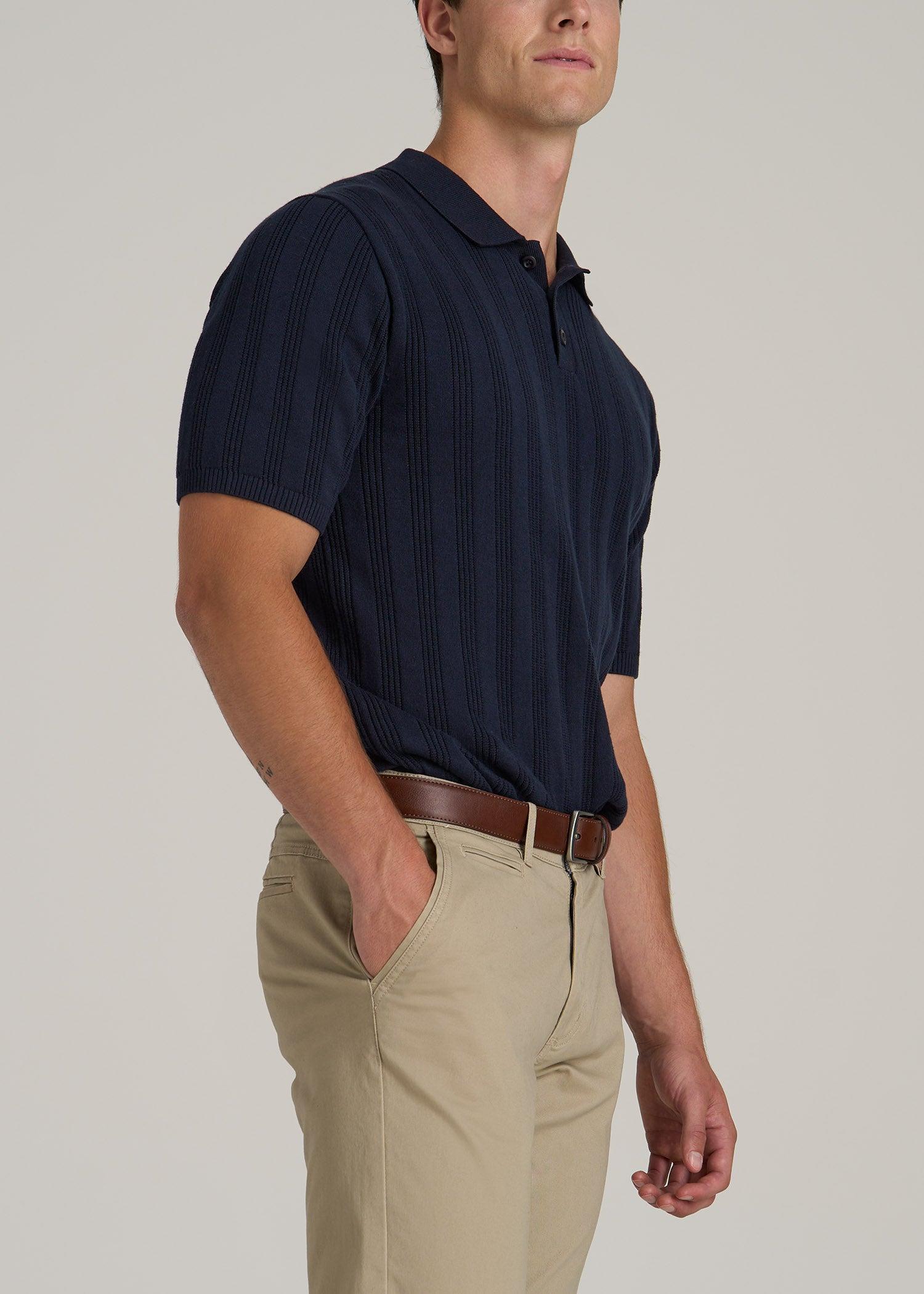 Ribbed Textured Knit Tall Men's Polo Shirt in Deep Indigo Product Image