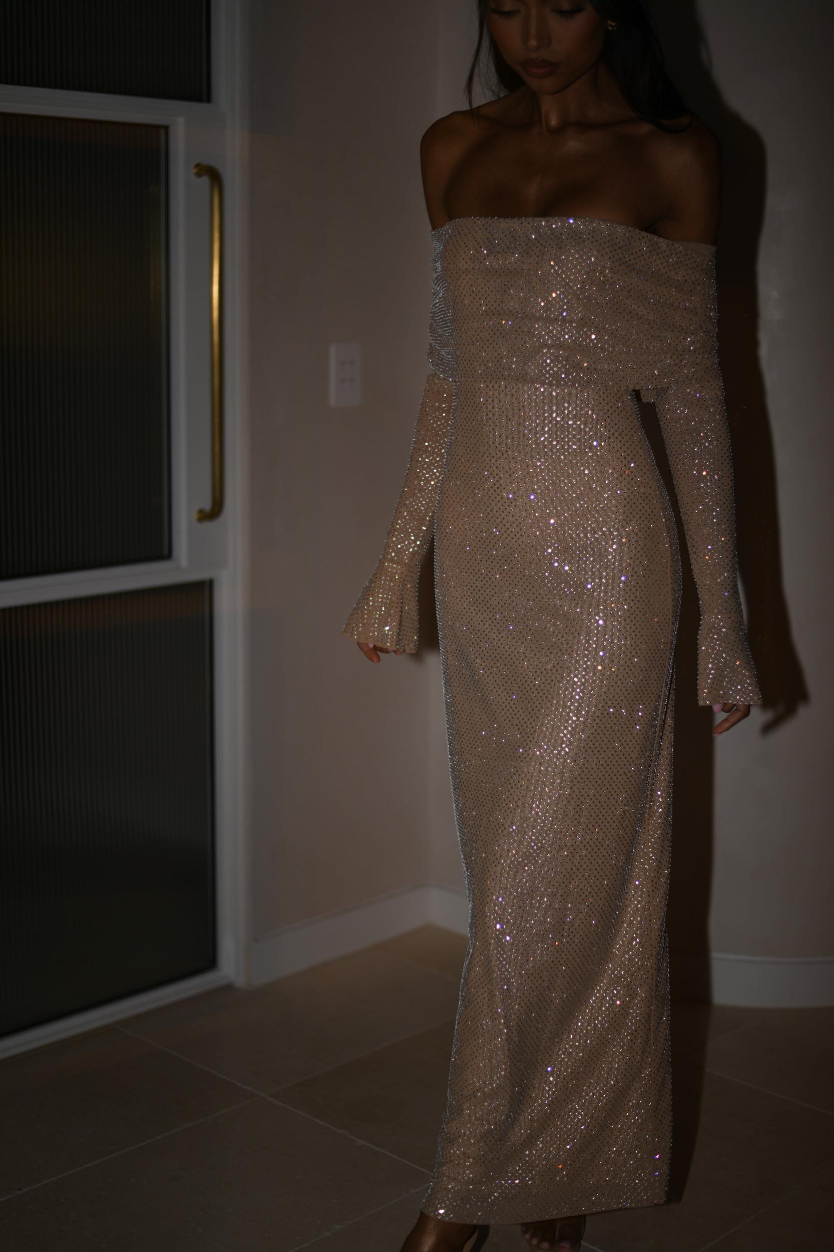 Marcel Off Shoulder Diamante Maxi Dress - Nude Product Image