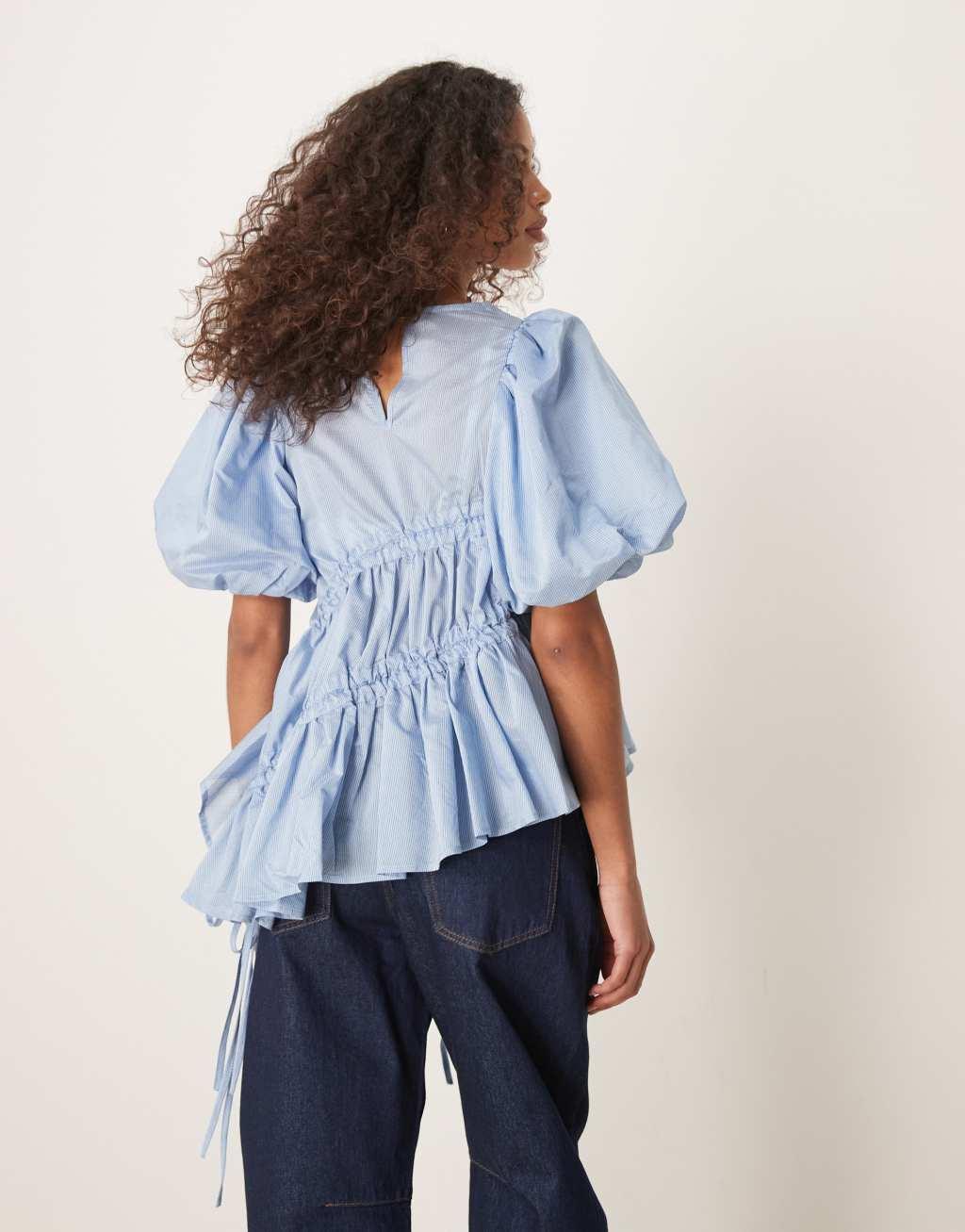 Ghospell asymmetric drawstring top in blue Product Image