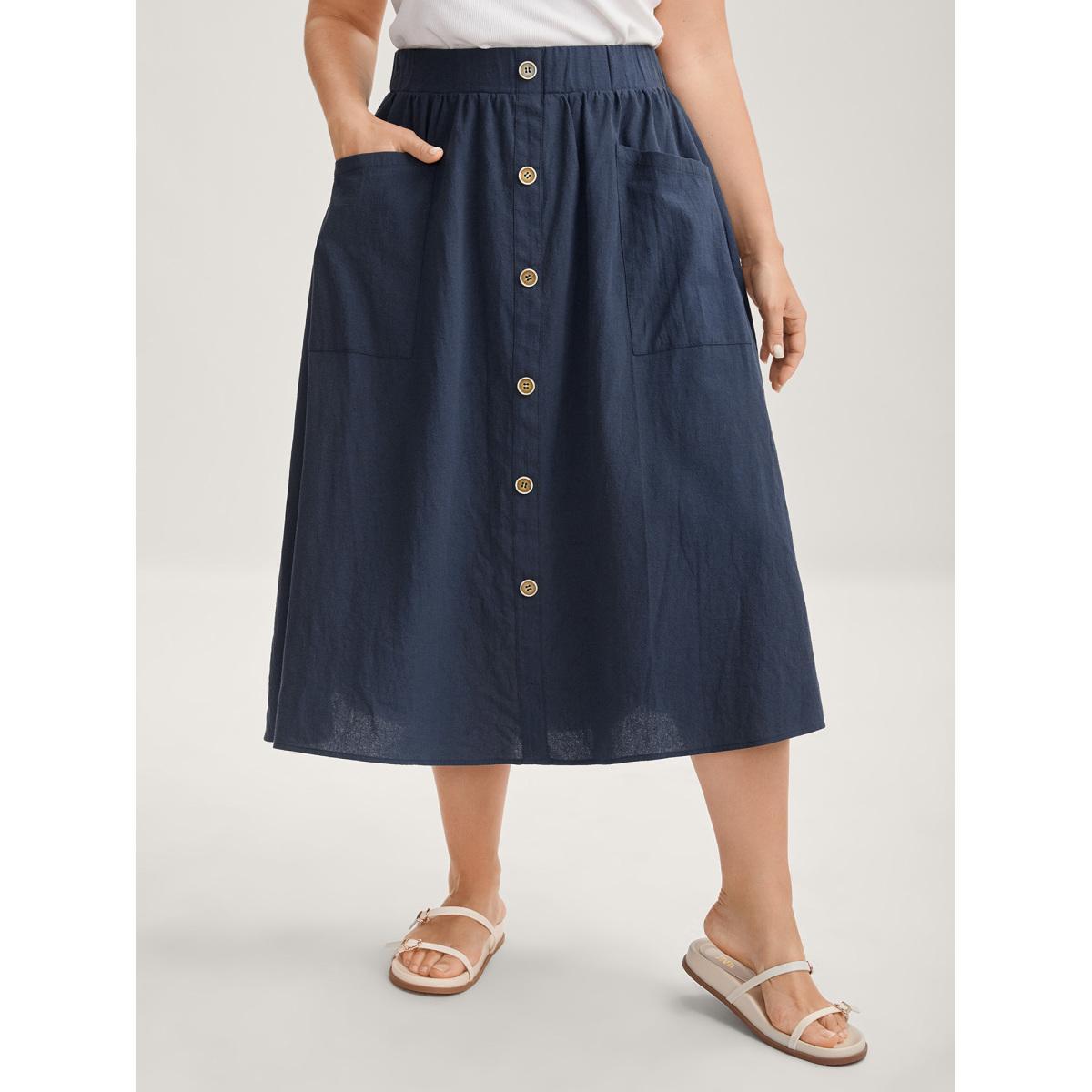 Plus Size Solid Button Detail Midi Skirt Women DarkBlue Loose No stretch Side seam pocket Everyday-Casual Skirts BloomChic 10/M Product Image