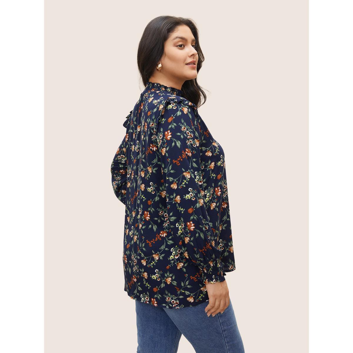 Plus Size DarkBlue Floral Lantern Sleeve Shirred Mock Neck Blouse Women Elegant Long Sleeve Mock Neck Everyday Blouses BloomChic 30/6X Product Image