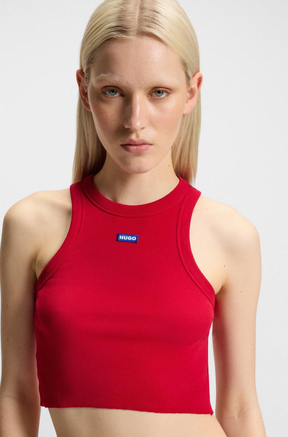 HUGO - Tank top in ribbed stretch cotton with logo badge - Dark Red Product Image