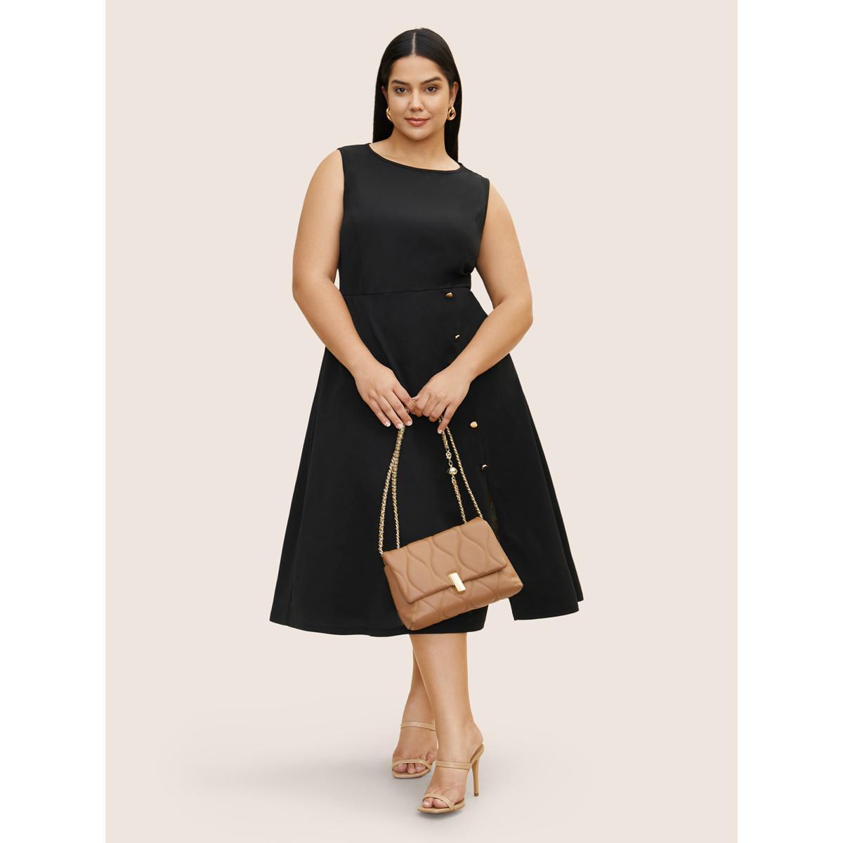 Plus Size Solid Metal Detail Split Hem Sleeveless Dress Black Women At the Office Button Round Neck Sleeveless Curvy BloomChic 22-24/3X Product Image