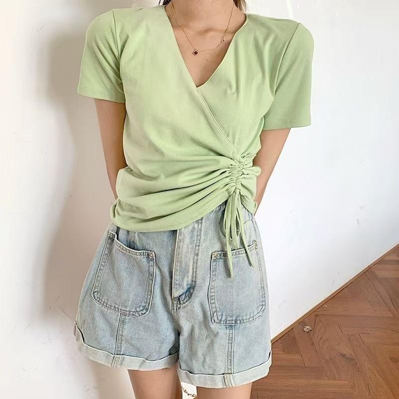 Short-Sleeve V-Neck Plain Drawstring T-Shirt Product Image