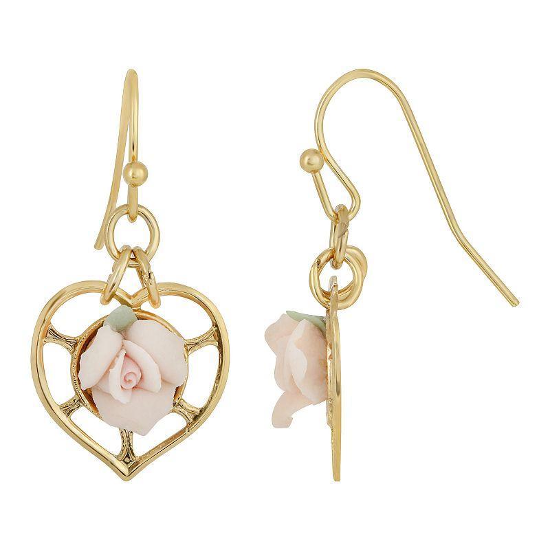 1928 14k Gold-Dipped Heart With Porcelain Rose Earrings, Womens, White Product Image
