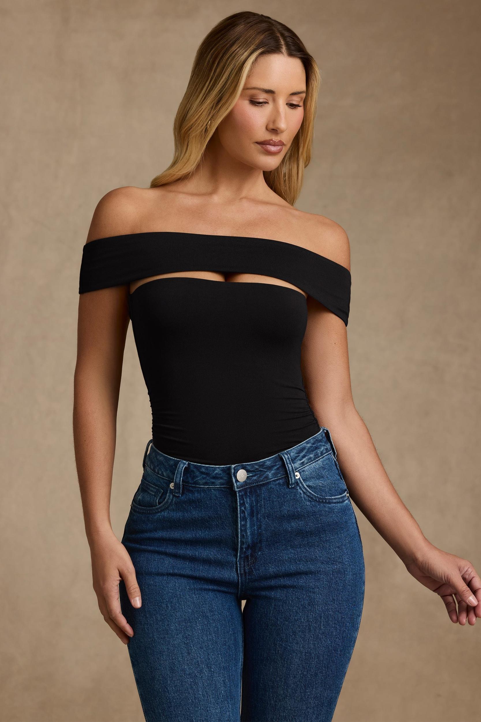 Modal Cut-Out Off-Shoulder Bodysuit in Black Product Image