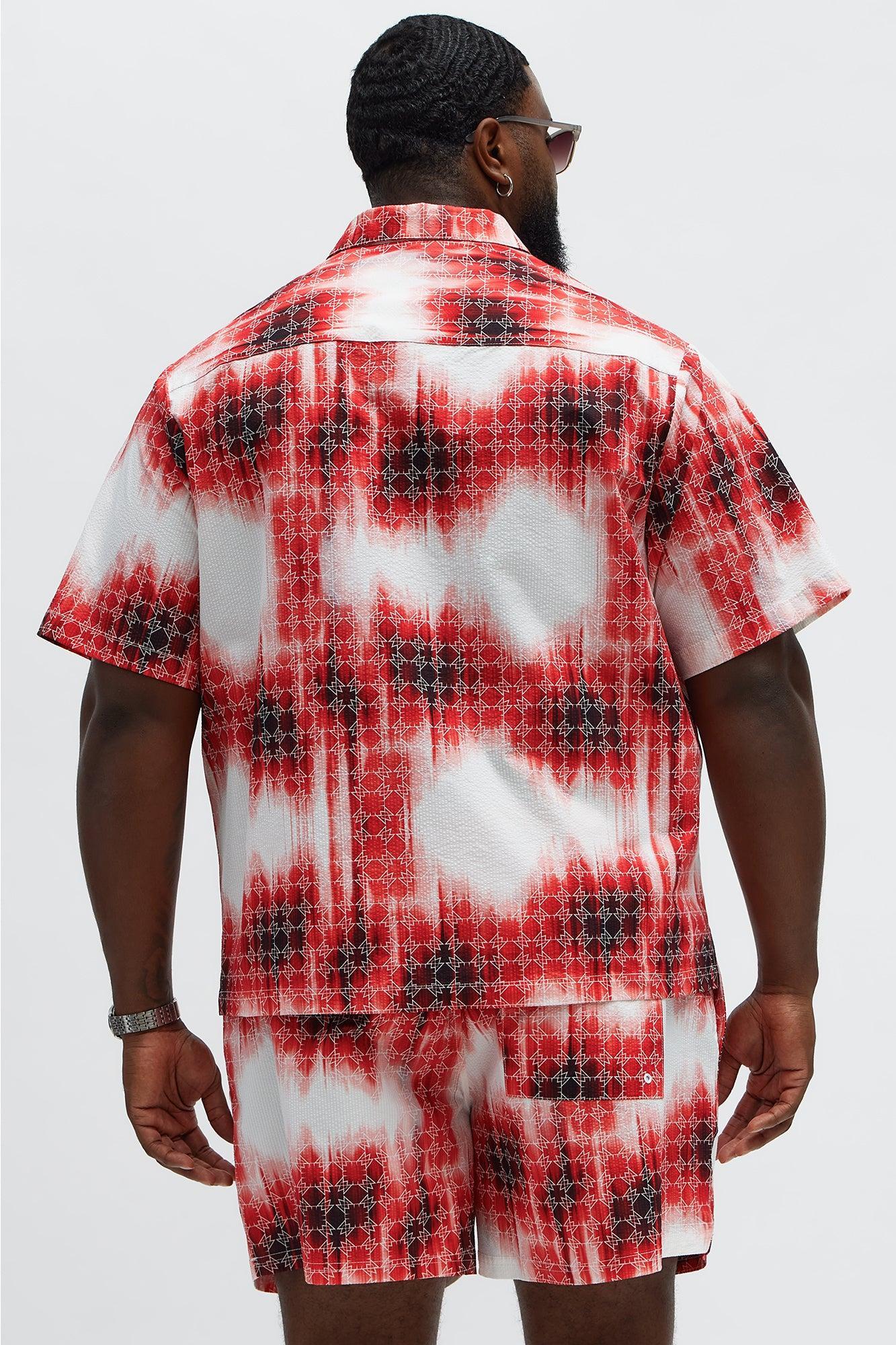 Seersucker Tie Dye Printed Closed Collar Shirt - Red/combo Product Image