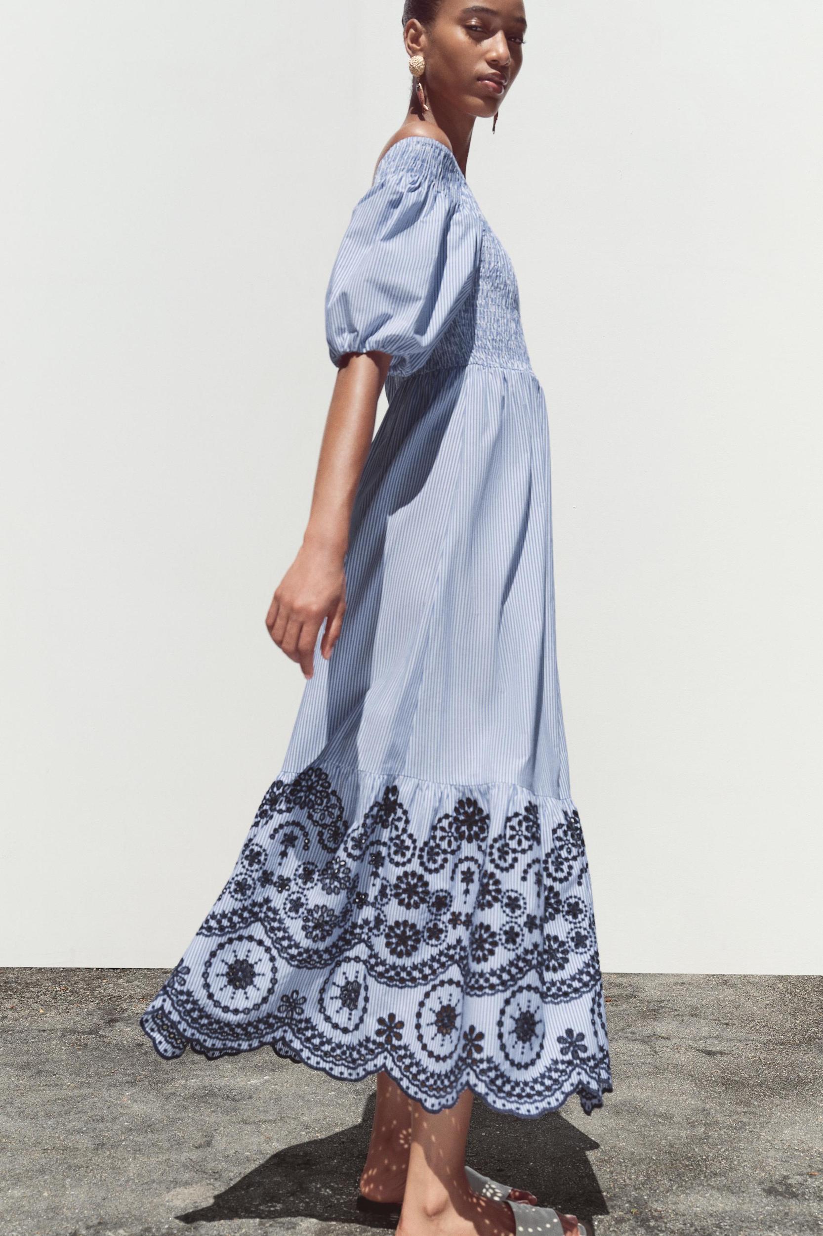 STRIPED EMBROIDERED MIDI DRESS Product Image