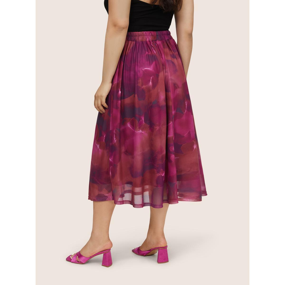 Plus Size Pixel Flower Elastic Waist Patchwork Mesh Skirt Women RedViolet Elegant Non Low stretch Slanted pocket Everyday Skirts BloomChic 10/M Product Image