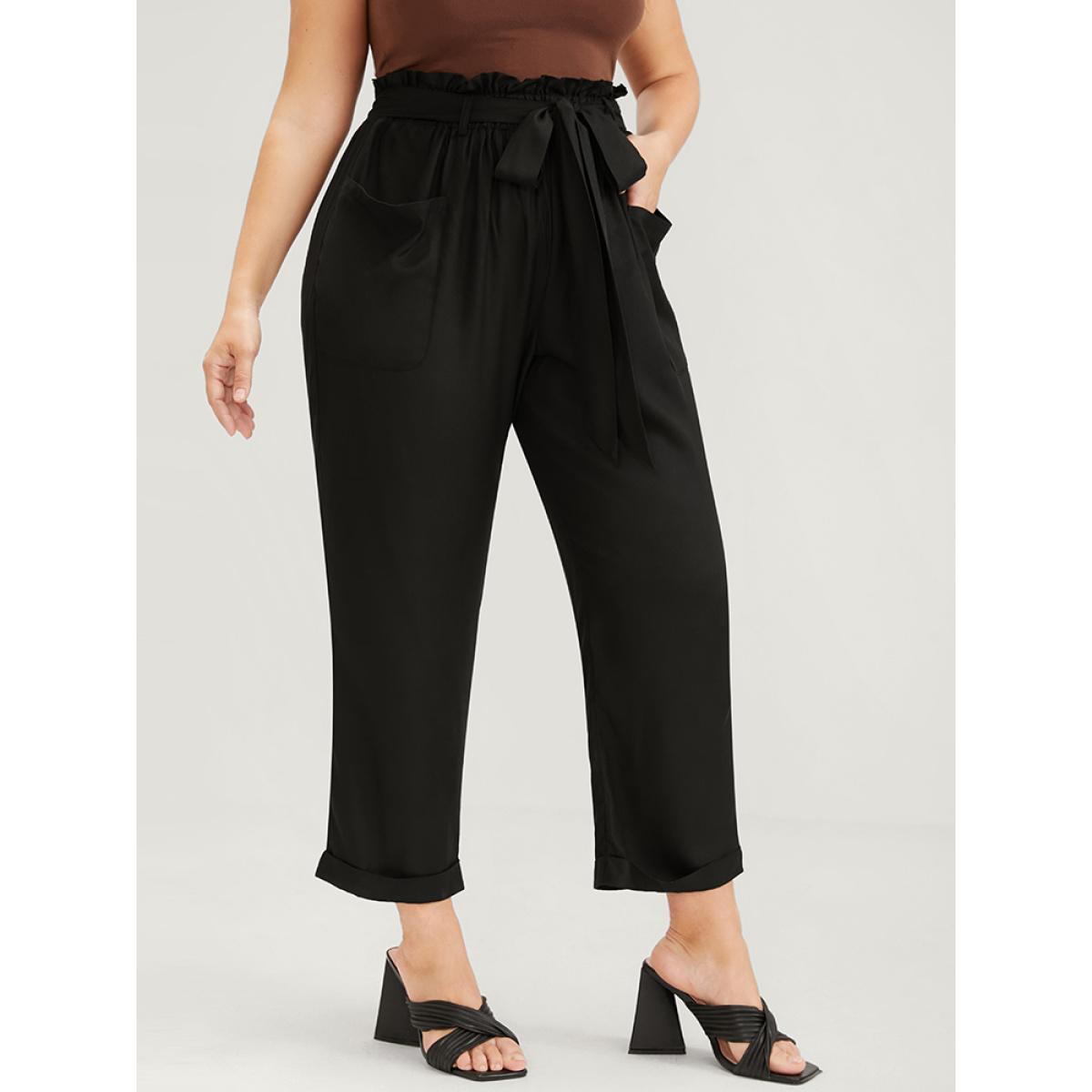 Plus Size Solid Pocket Front Paperbag Waist Belted Pants Women Black Casual High Rise Dailywear Pants BloomChic 30/6X Product Image
