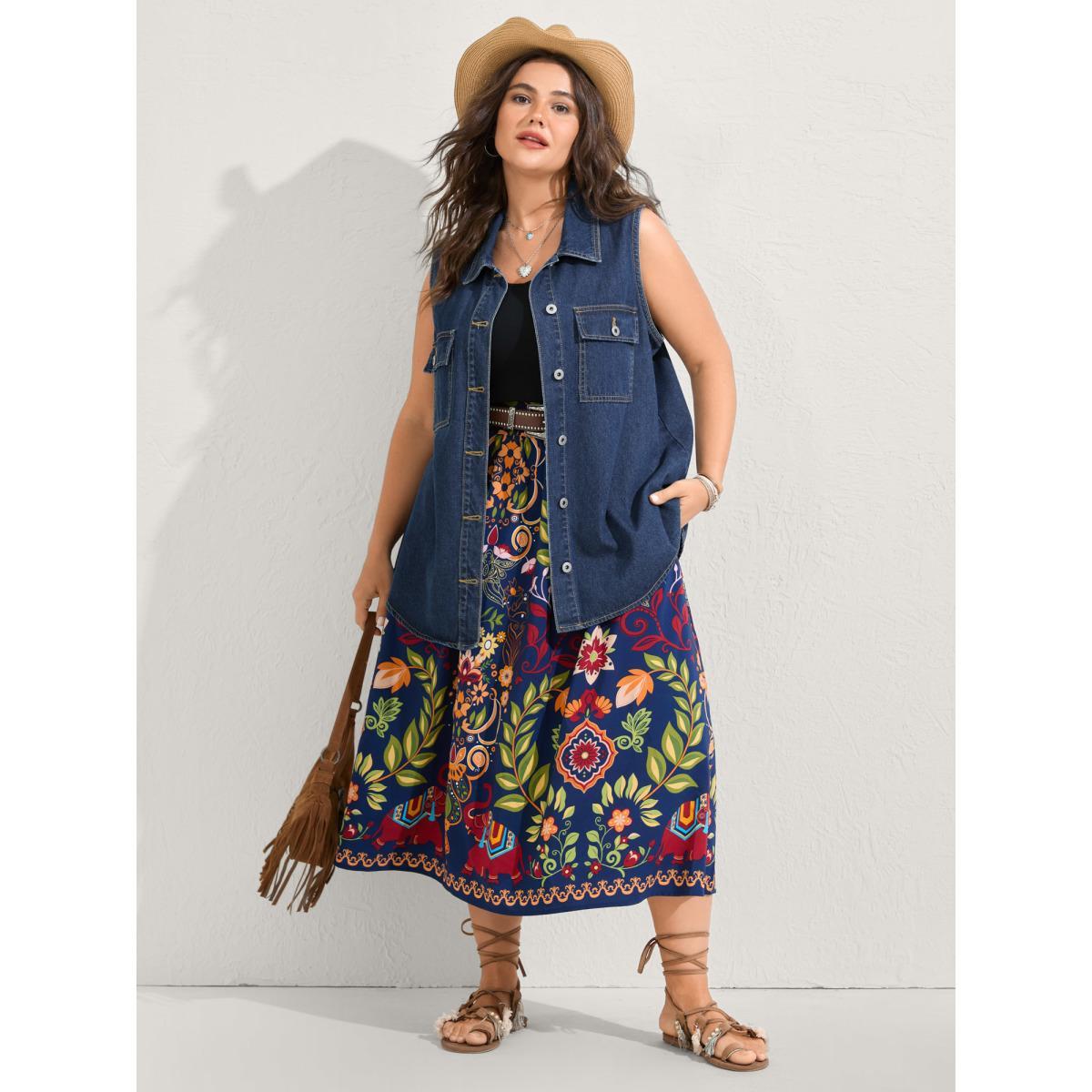 Women Button-Front Long Denim Vest Jacket Denimindigo Plus Size Button Vacation Patch pocket Denim Jackets BloomChic 14-16/1X Product Image