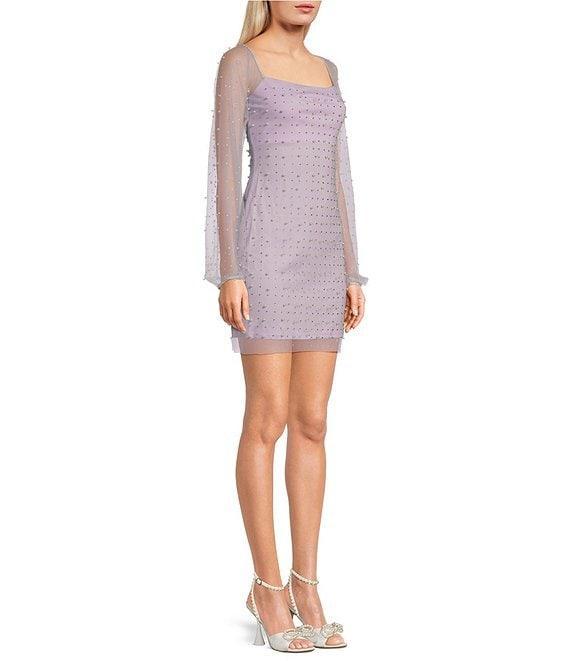 Jump Long Sleeve Square Neck Rhinestone & Pearl Mesh Bodycon Dress Product Image