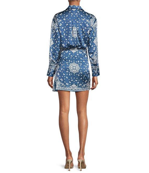 Gianni Bini Avery Paisley Print Satin Collared Long Sleeve Mini Wrap Dress Product Image