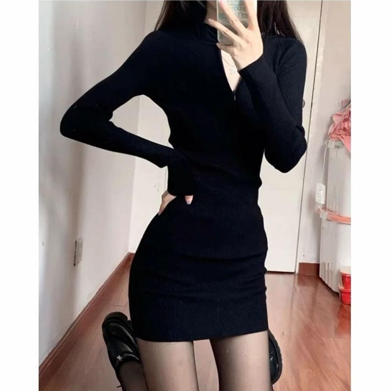 Long-Sleeve Mock Neck Half-Zip Mini Sheath Dress Product Image