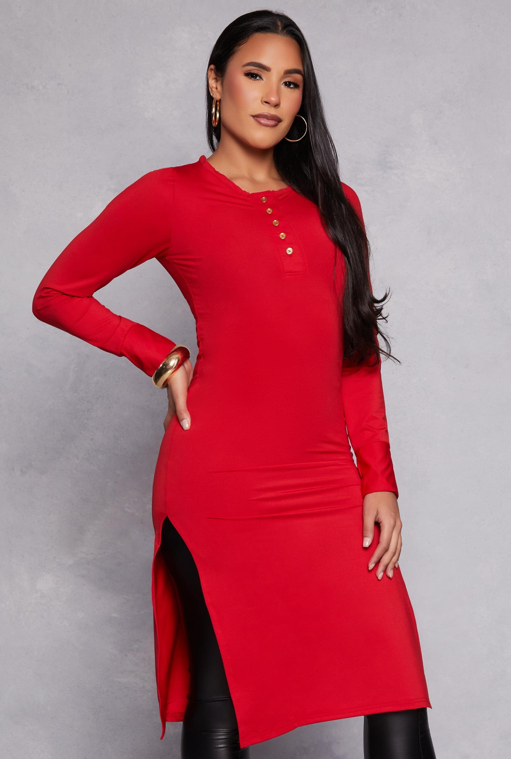 Womens Side Slit Henley Maxi Top Product Image