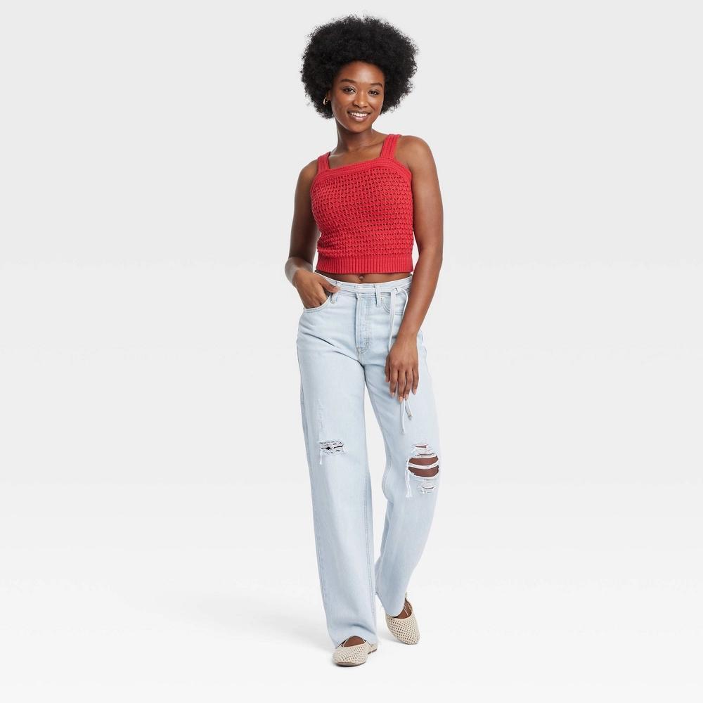 Women's Mid-Rise Tie-Waist Drawstring Baggy Jeans - Universal Thread™ Light Wash 14 Short: Relaxed Fit, Frayed Hem Product Image