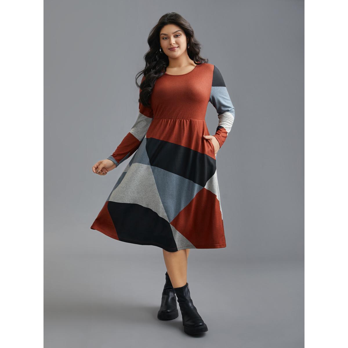 Plus Size Round Neck Geometric Colorblock Contrast Dress Multicolor Women Casual Contrast Knit Dresses Bloomchic 18-20/2X Product Image