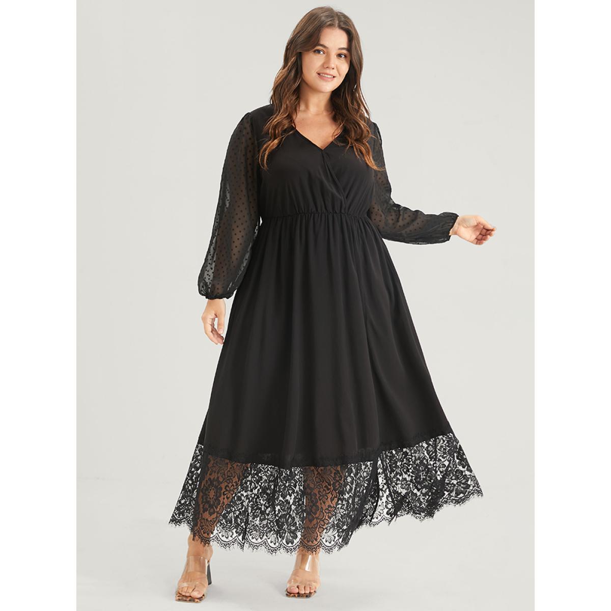 Plus Size Solid Split Eyelet Lace Belted Pocket Button Wrap Maxi Dress Black Women Elegant Lace V-neck Long Sleeve Curvy Long Dress BloomChic 14-16/1X Product Image
