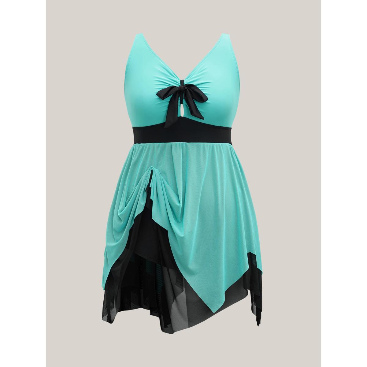 Plus Size Ruched Adjustable Bust Tie Swim Dress Women's Swimwear Turquoise Beach Bodycon U-neck High stretch Curve Swim Dresses BloomChic 12/L Product Image