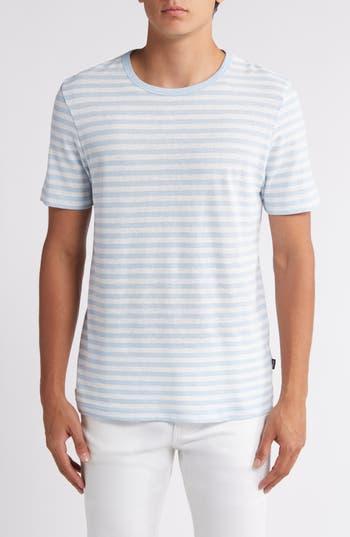 HUGO BOSS Horizontal-stripe T-shirt In Cotton And Linen In Light Blue Product Image
