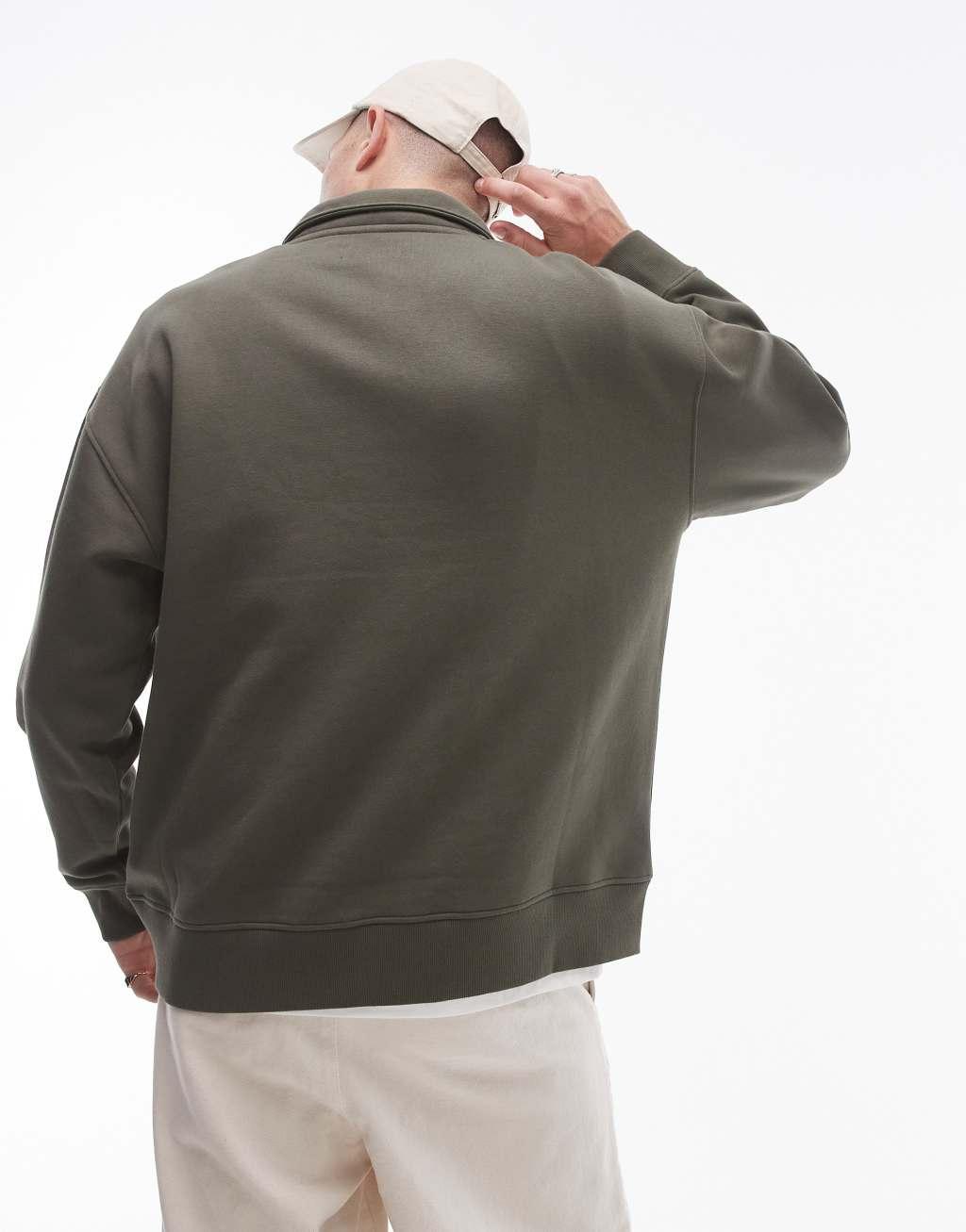 Topman premium heavyweight oversized quarter zip sweatshirt in khaki Product Image