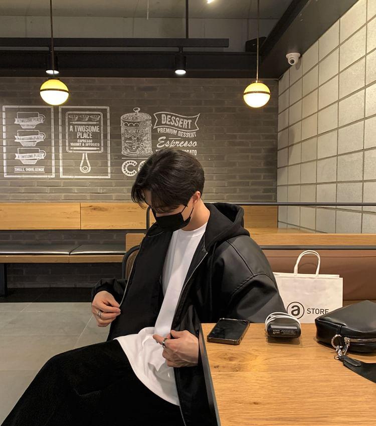 Hooded Faux Leather Zip Jacket Product Image