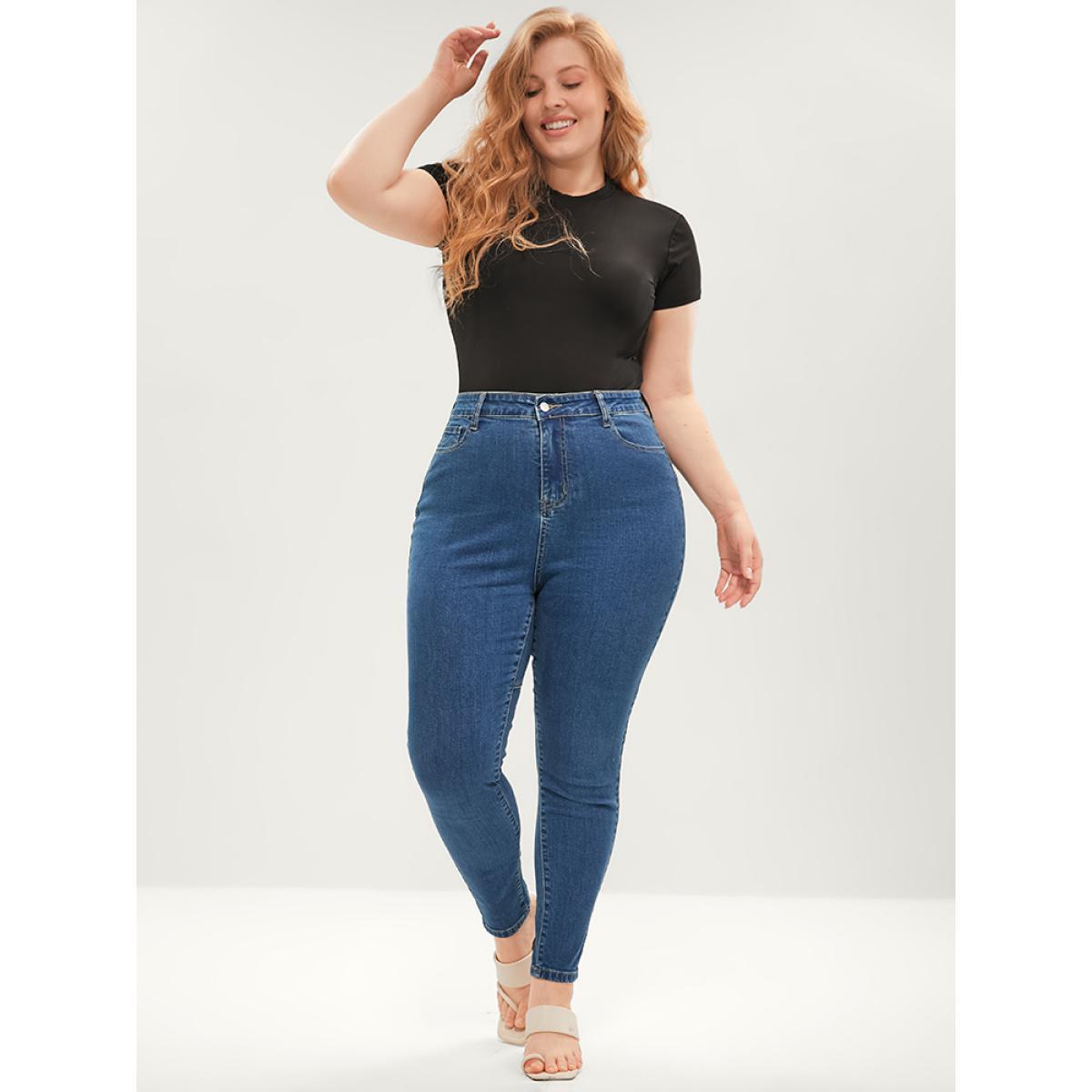 Plus Size Skinny Very Stretchy Mid Rise Medium Wash Patchwork Jeans Women Blue Casual Plain Patchwork High stretch Pocket Jeans BloomChic 30/6X Product Image