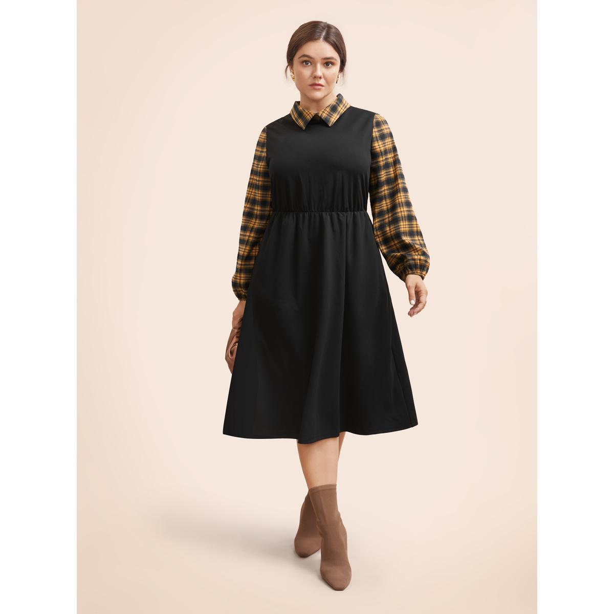 Plus Size Plaid Patchwork Elastic Waist Midi Dress Mustardyellow Women At the Office Patchwork Shirt collar Long Sleeve Curvy BloomChic 18-20/2X Product Image