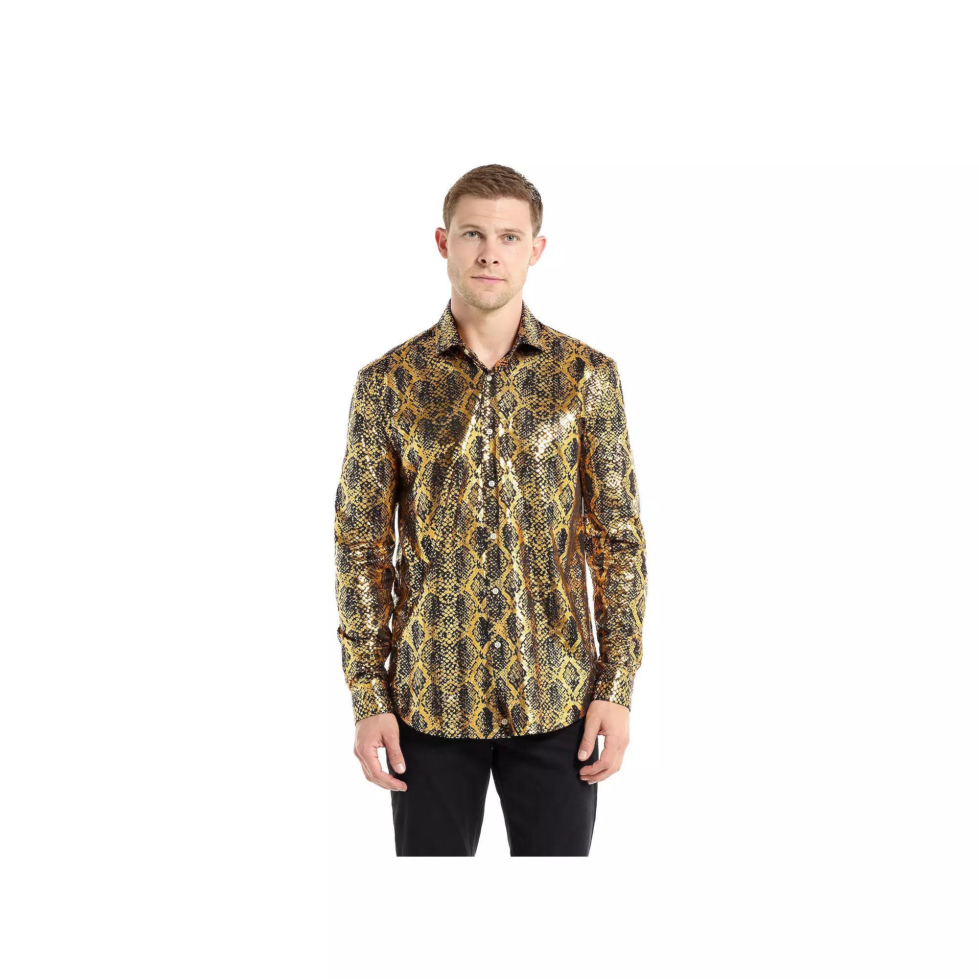 Men's OppoSuits Shiny Gold Snake Print Slim-Fit Button-Down Shirt, Size: 3XL Product Image