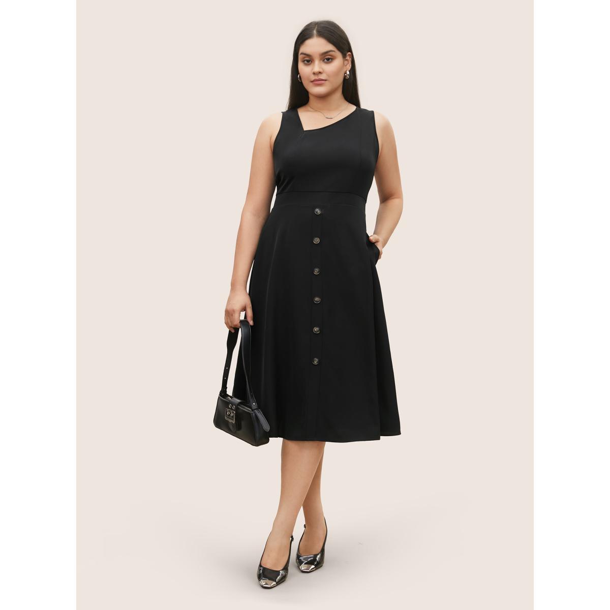 Plus Size Asymmetrical Neck Button Detail Midi Dress Black Women At the Office Non Asymmetrical Neck Sleeveless Curvy Midi Dress BloomChic 10/M Product Image