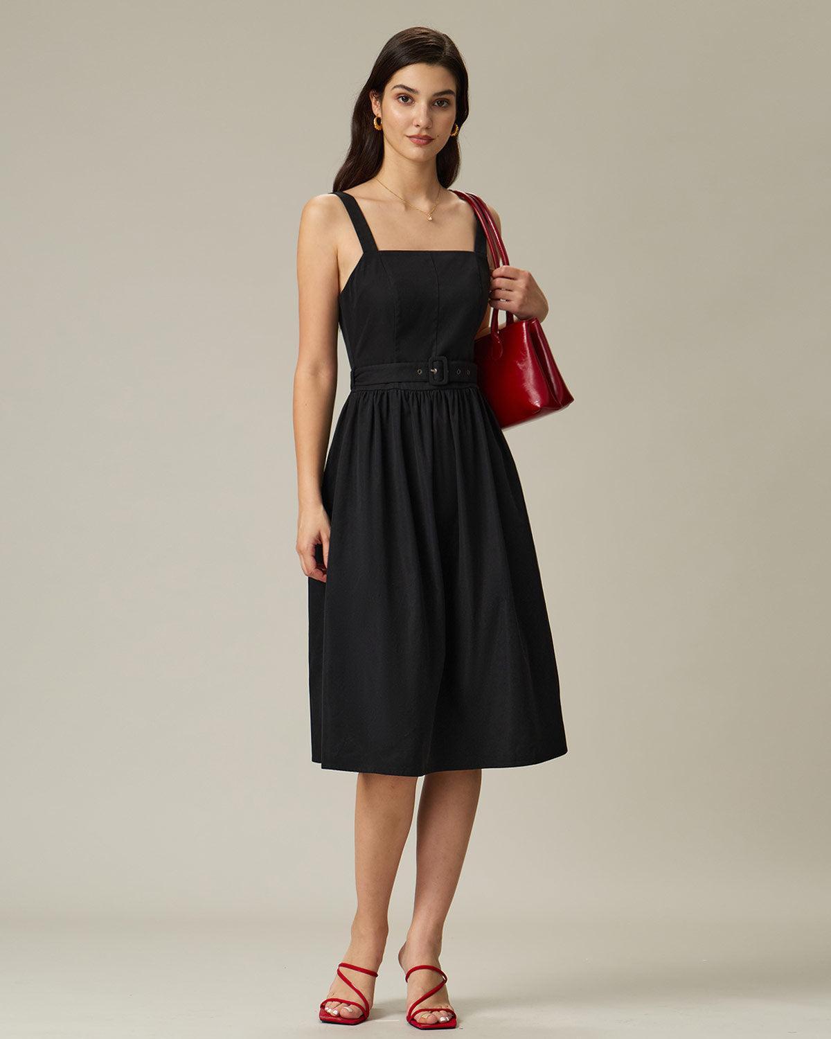 Black Square Neck Ruched Slip Midi Dress Product Image