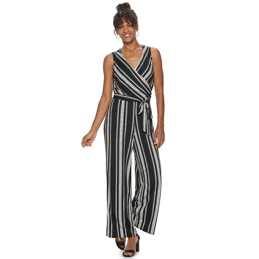 Women's Nina Leonard Striped Surplice Palazzo Jumpsuit, Size: Small, Black Ivory Product Image