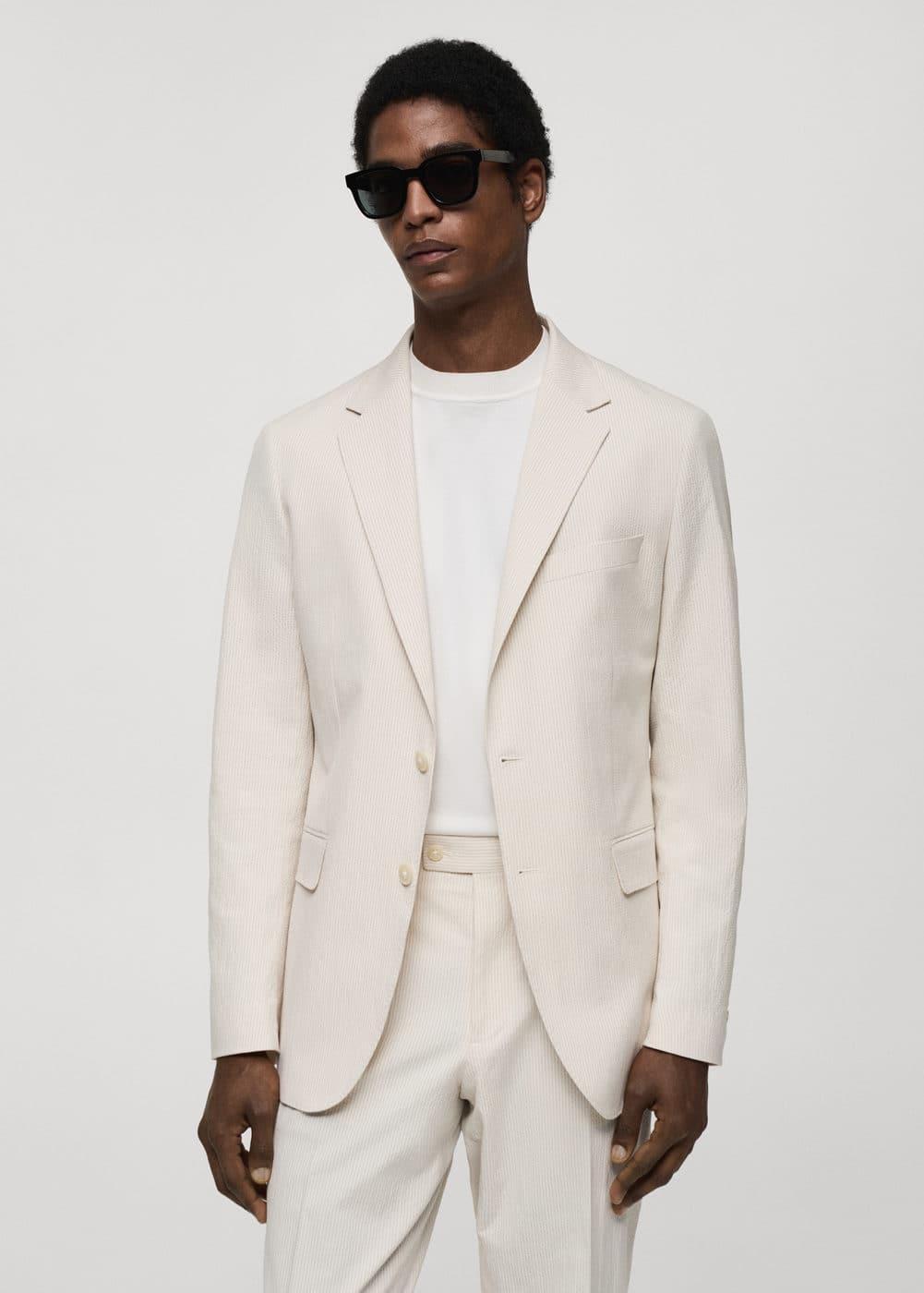 Striped seersucker cotton slim-fit suit blazer - Men | MANGO USA Product Image