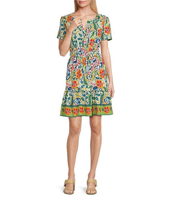 Leslie Fay Split V-Neck Short Sleeve Floral Print A-Line Dress Product Image