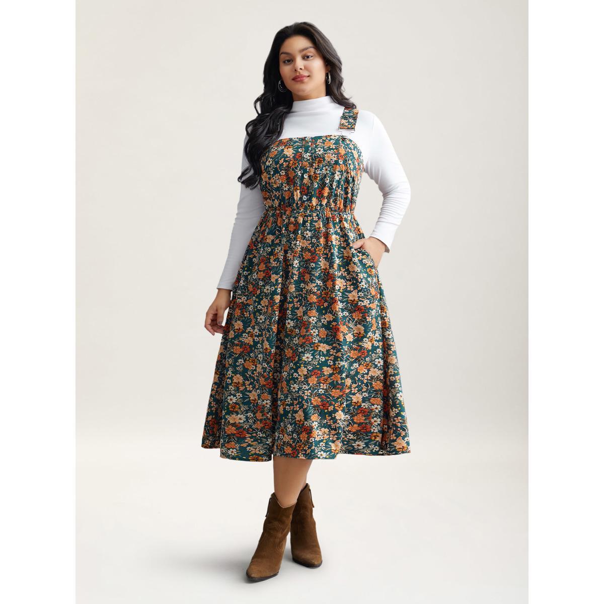 Plus Size Ditsy Floral Adjustable Straps Elastic Waist Dress Teal Women Casual Gathered Non Sleeveless Curvy BloomChic 12/L Product Image