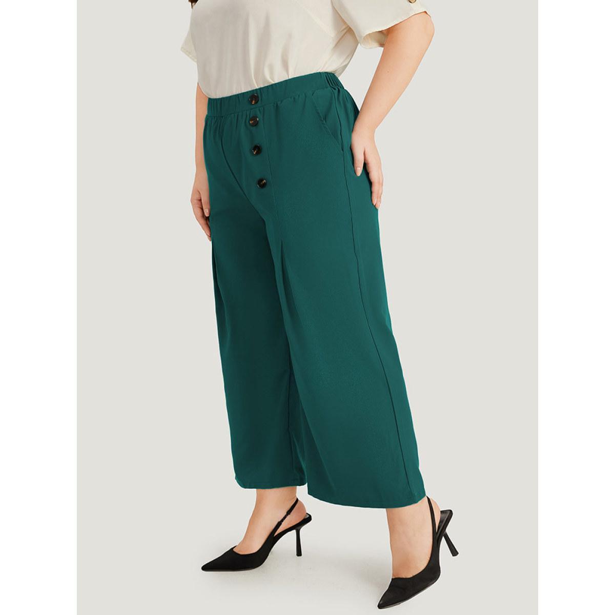 Plus Size Solid Pleated Button Detail Straight Leg Pants Women ArmyGreen Office Straight Leg High Rise Work Pants BloomChic 14-16/1X Product Image