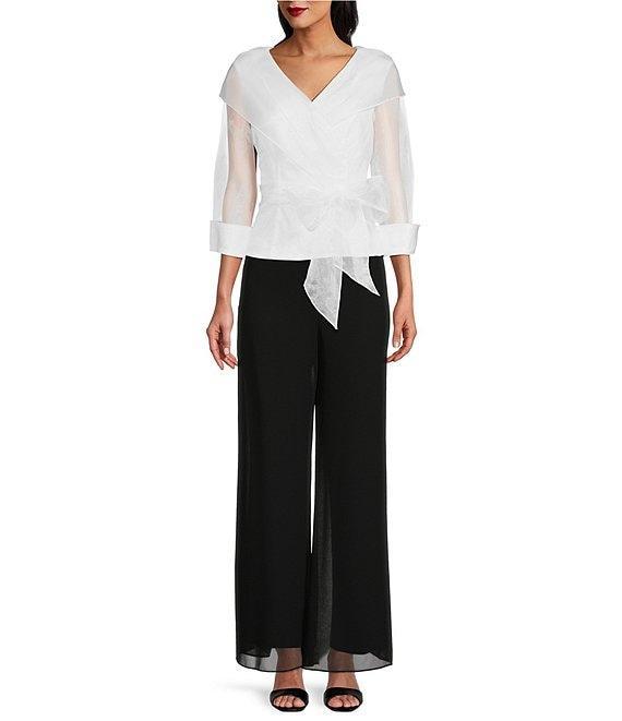 Alex Evenings 3/4 Illusion Sleeve Portrait Collar Tie Waist Organza Blouse Product Image
