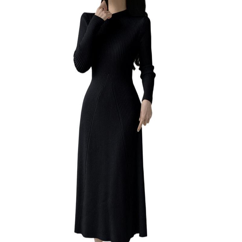 Long-Sleeve Mock Neck Knit Plain Midi A-Line Dress Product Image