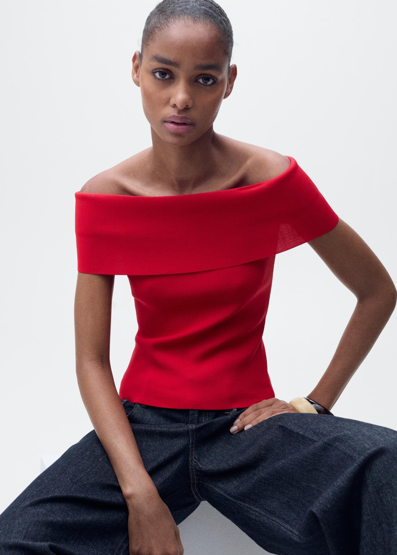 Off-the-shoulder knitted top - Women | MANGO USA Product Image