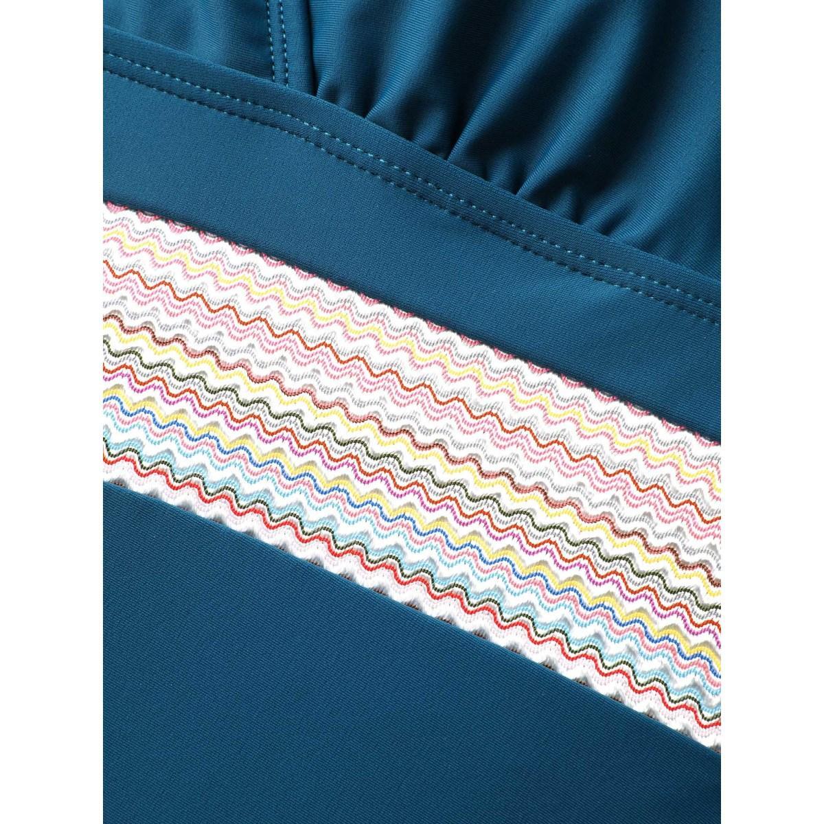 Plus Size Contrast Webbing Drawstring Gathered One-Piece Swimsuit Women's Swimwear Teal Beach Woven ribbon&lace trim Curve Bathing Suits High stretch One Pieces BloomChic 12/L Product Image