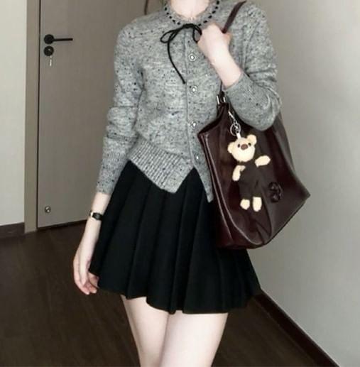 Round Neck Melange Bow Cardigan / High Waist Plain Pleated Mini A-Line Skirt Product Image