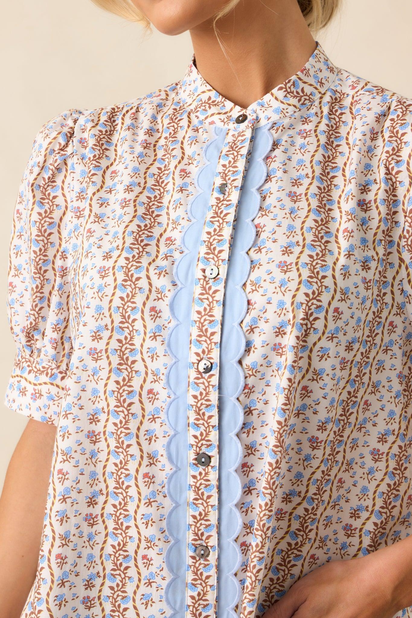 The Road Ahead Light Blue Floral Cotton Button Front Top Product Image