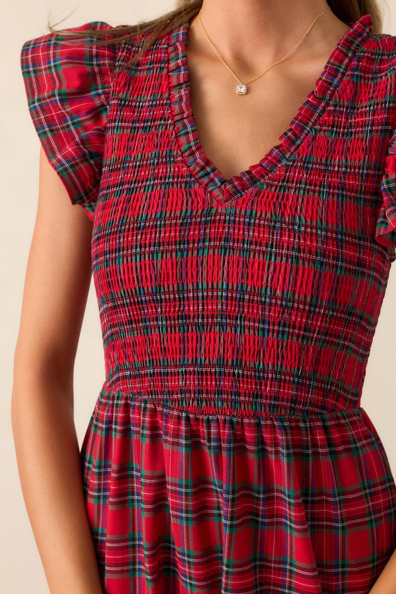 A Place To Be Cotton Red Plaid Midi Dress Product Image