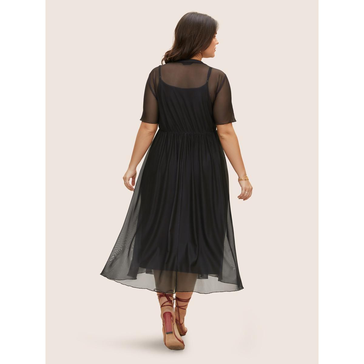 Plus Size Crew Neck Mesh Butterfly Orchid Midi Dress Black Women Elegant See through Round Neck Short sleeve Curvy BloomChic 14-16/1X Product Image